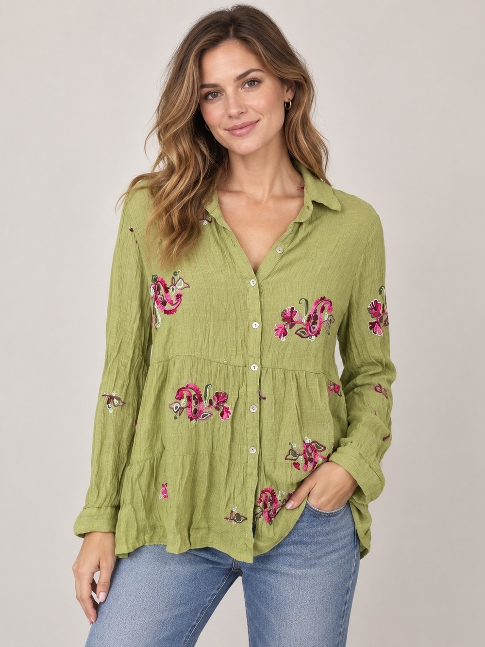 Fig and Flower Women’s M Green Embroidered Boho Tunic Blouse Button Front